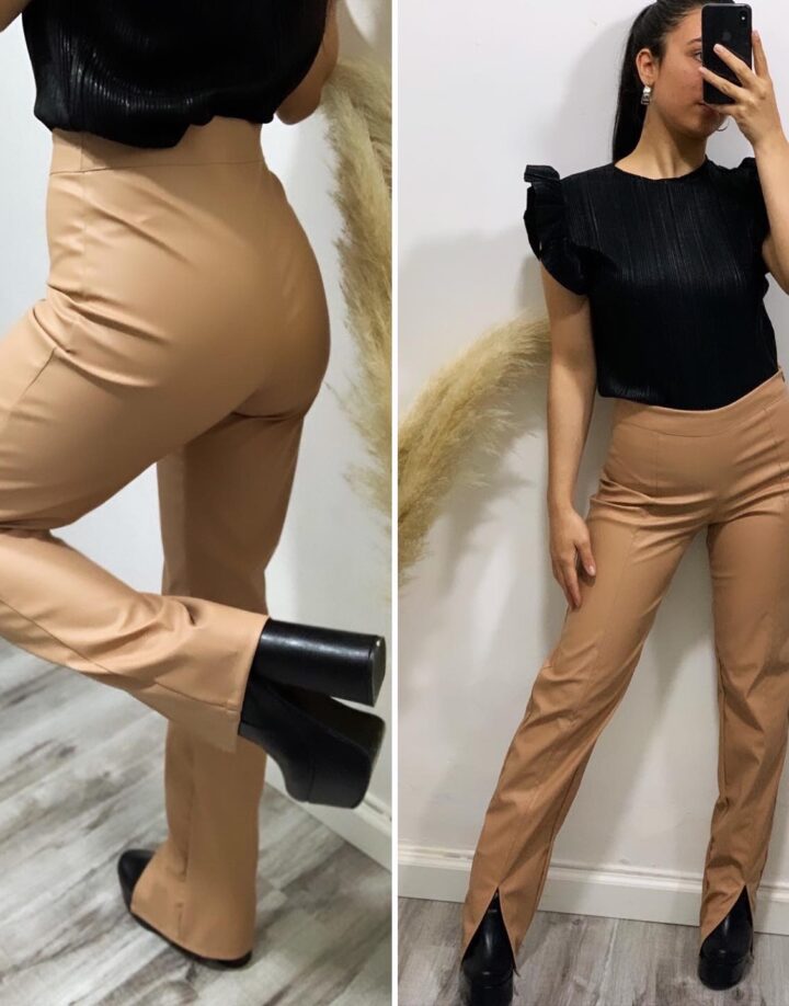 PANTALÓN WIDE LEG CON TAJO - BEIGE