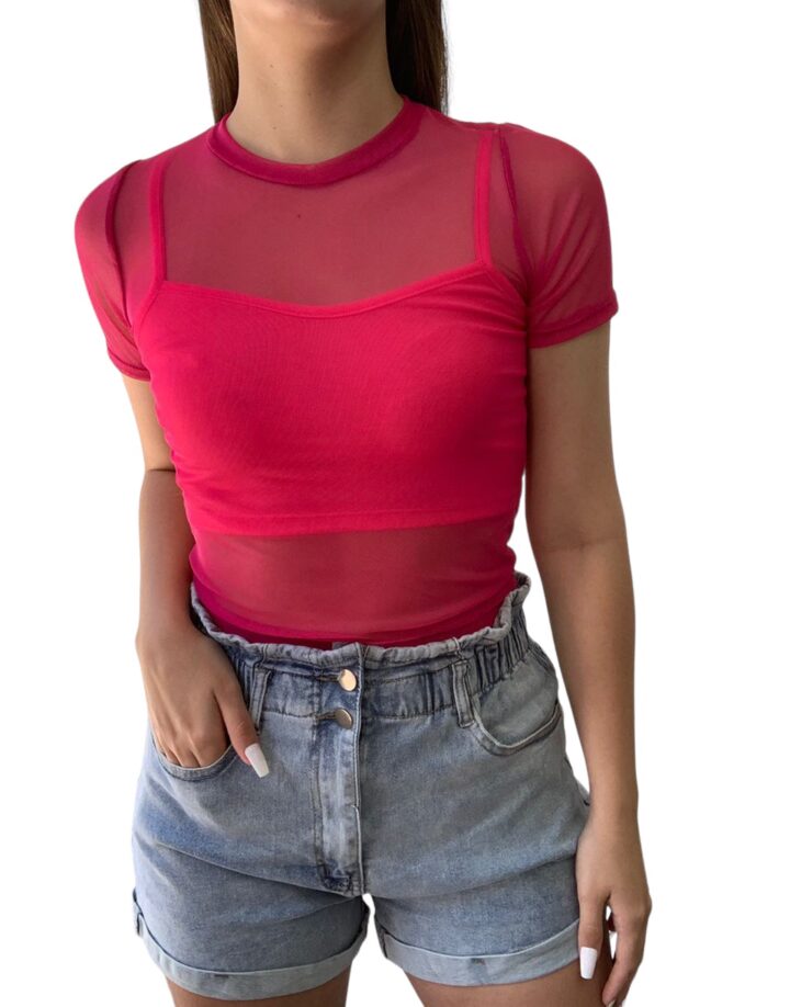 REMERA DE TULL MANGA CORTA - FUCSIA