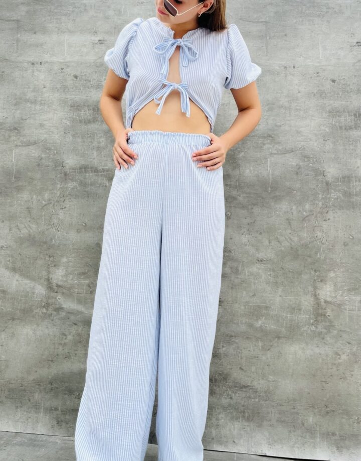 PANTALÓN PALAZZO RAYADO CELESTE