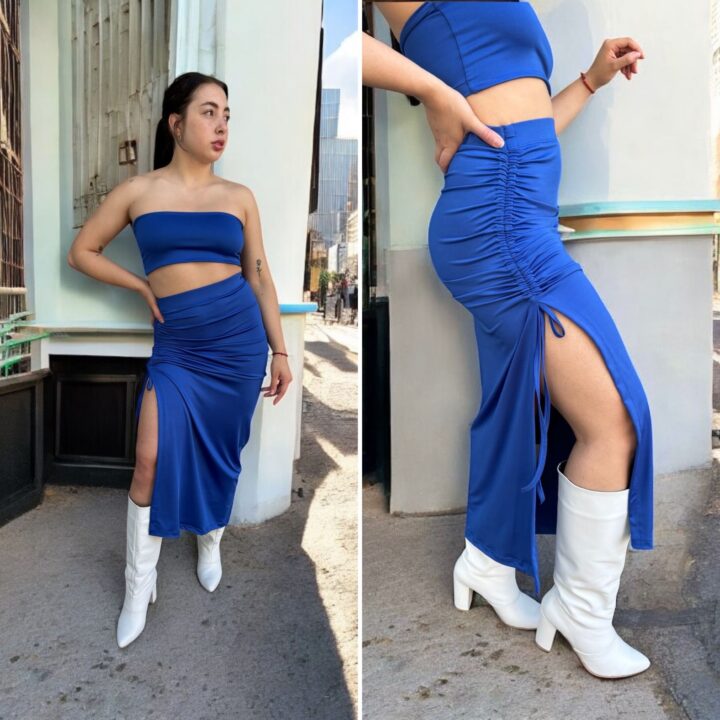 POLLERA LARGA FALDA FRUNCE – MICROFIBRA AZUL