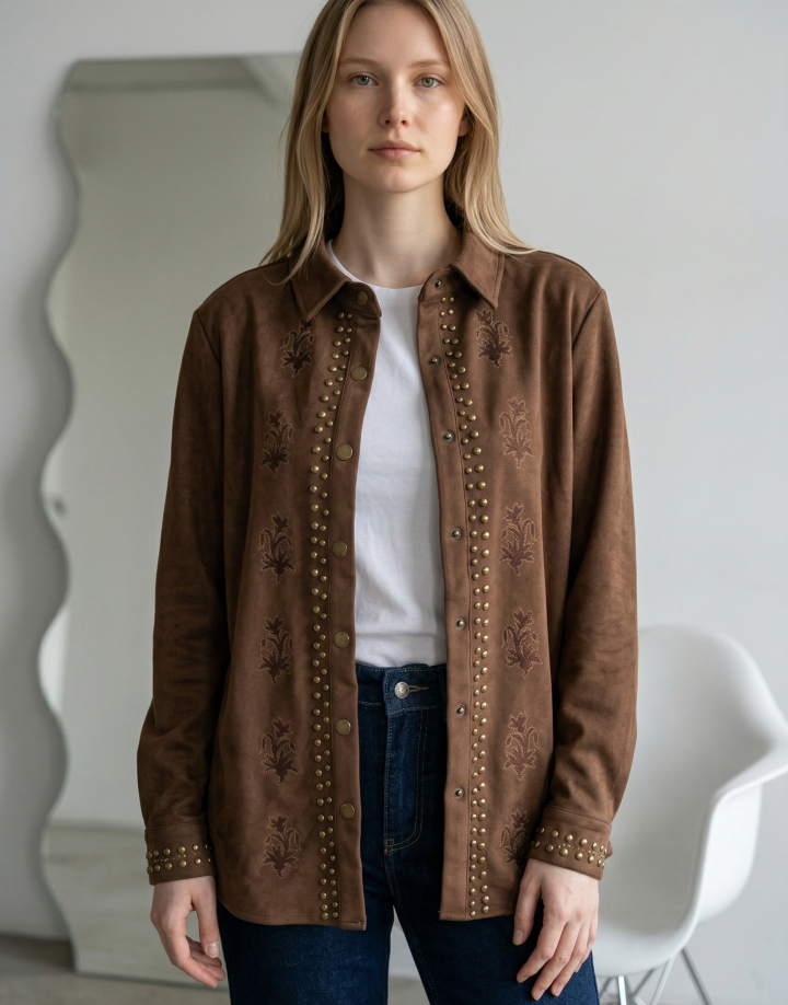 SOBRECAMISA GAMUZA BORDADA Y TACHAS - COD HM036 CHOCO